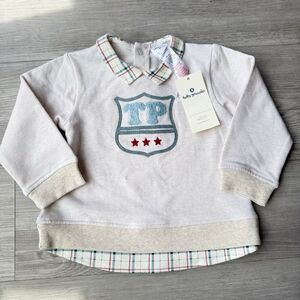 Tutto Piccolo long-sleeve top crest appliqué checkered collar and hem Size 36 mo